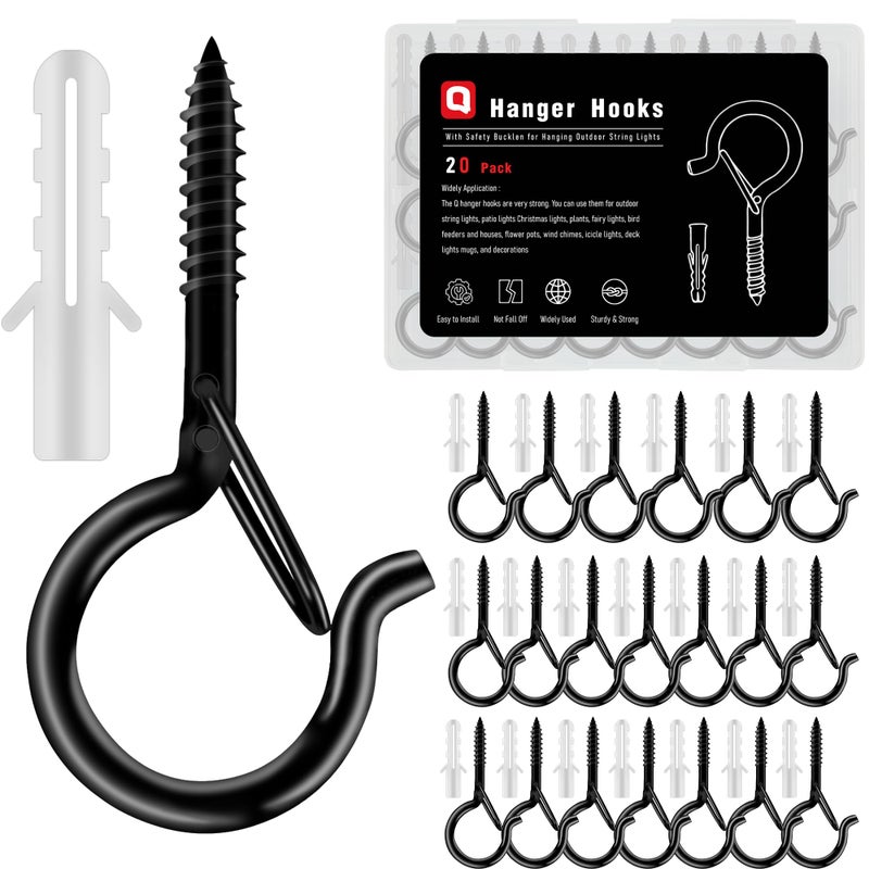KULOLO Black Screw Hooks with Safety Lock - 2.3"" Rustproof Metal Ceiling Hooks for Hanging Plants  Baskets String Lights & Outdoor Decor  40LB Capacity (20 Pack Includes Storage Case & Plastic Caps) - Image 1